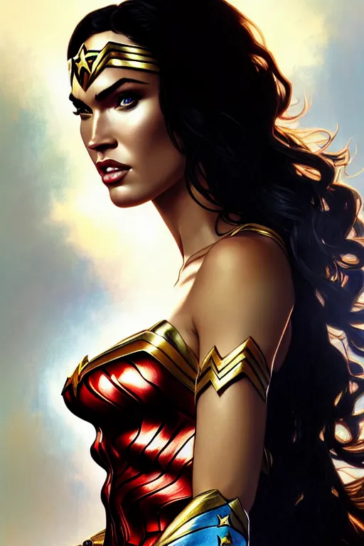 Image similar to portrait of megan fox as wonder woman, dc, intricate, headshot, highly detailed, digital painting, artstation, concept art, sharp focus, cinematic lighting, illustration, art by artgerm and greg rutkowski, alphonse mucha, cgsociety