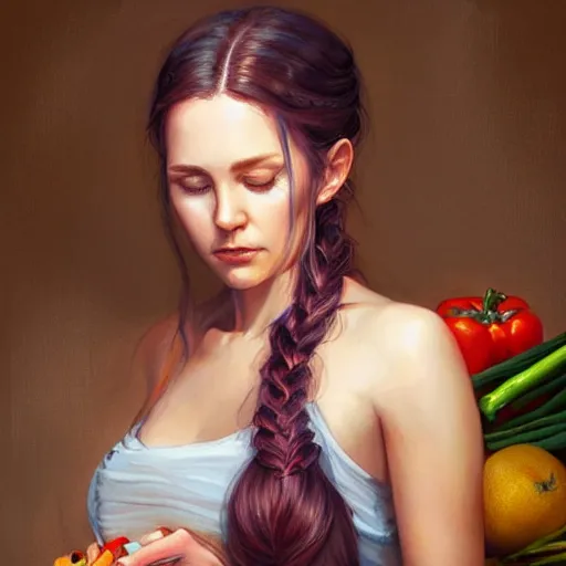 Prompt: a beautiful painting of a gorgeous young mother with auburn side braid draped over her shoulder and pretty hazel eyes, standing in front of weathered cutting board, representative of the art style of artgerm and wlop and peter mohrbacher, holding knife and chopping vegetables