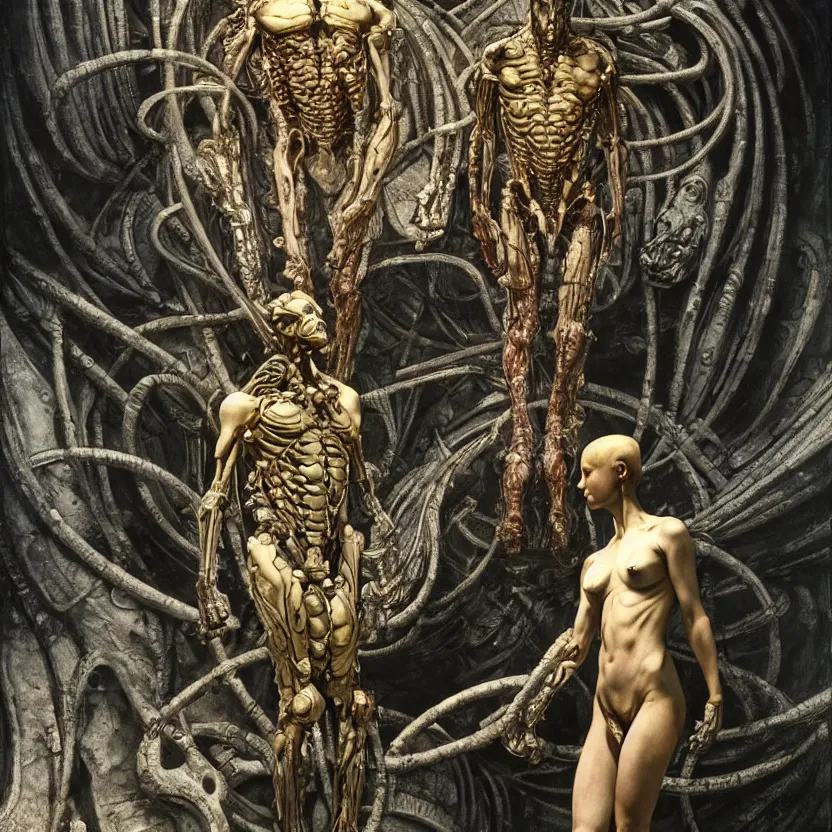 Prompt: still frame from Prometheus movie by Makoto Aida, cyborg with new life in guts standing in ornate gigerish spaceship by neri oxmn painted by Caravaggio and by wayne barlowe by Ken Currie painted by Dariusz Zawadzki by Takato Yamamoto by beksinski