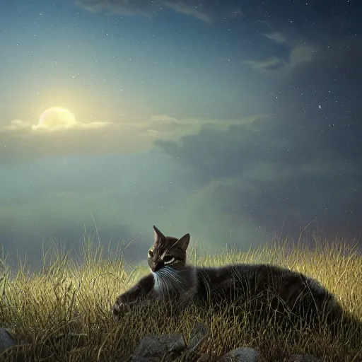 Image similar to cinematic shot of a stray cat who is brown standing on a hill looking to the horizon sunset stars digital painting, artstation, concept art, soft light, hdri, smooth, sharp focus, illustration, fantasy, intricate, elegant, highly detailed, D&D, matte painting, in the style of Greg Rutkowski and Alphonse Mucha and artemisia, 8k, highly detailed, jurgens, rutkowski, bouguereau, pastoral, rustic, georgic