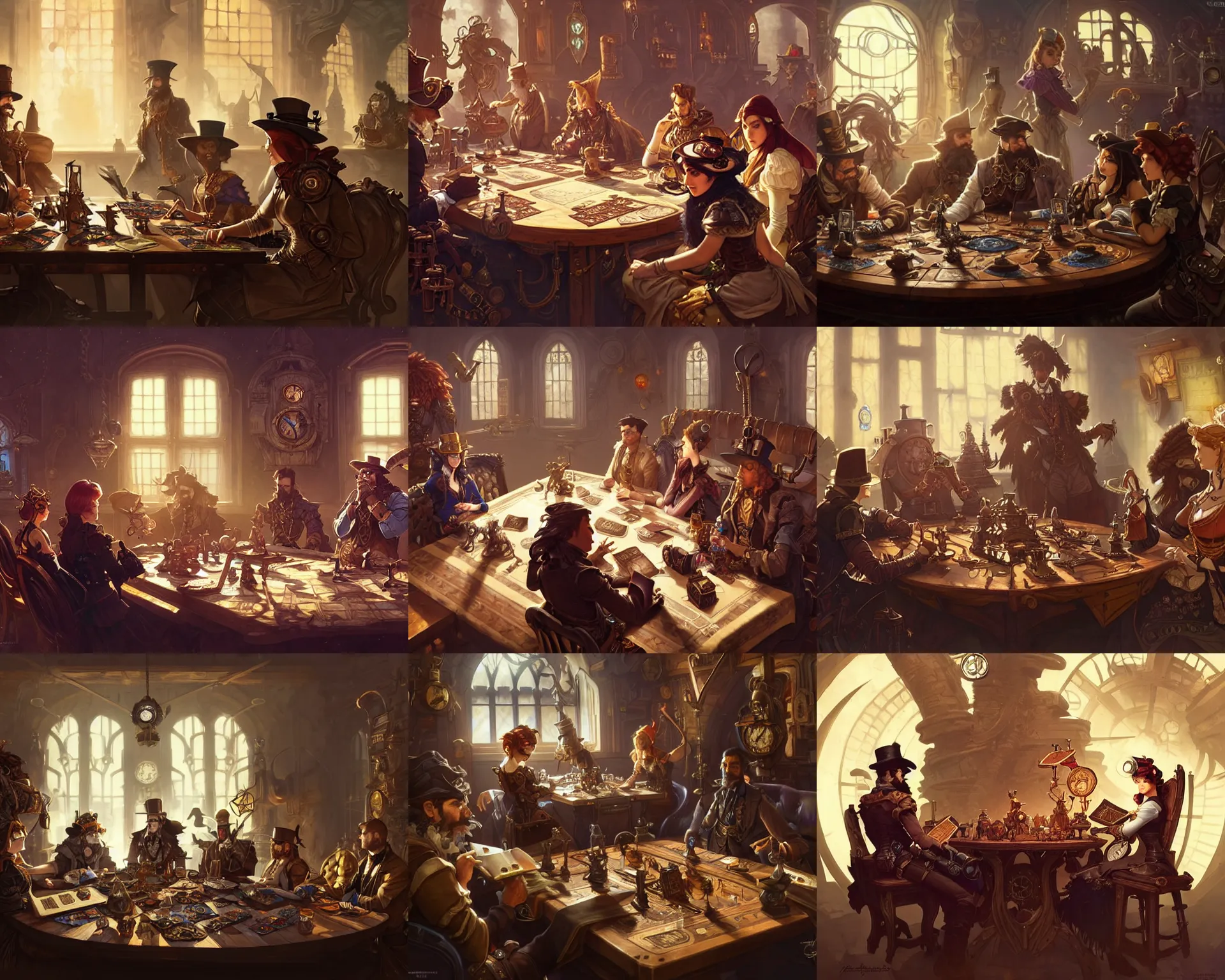 Prompt: steampunk characters sitting at table playing dnd, deep focus, d & d, fantasy, intricate, elegant, highly detailed, digital painting, artstation, concept art, matte, sharp focus, illustration, hearthstone, art by artgerm and greg rutkowski and alphonse mucha.