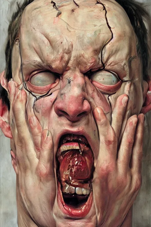 Image similar to a man enraged, part by Jenny Saville, part by Lucian Freud