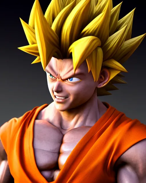 Image similar to 3 d high octane render, 8 k hyperrealism, unreal engine, photorealistic goku, portrait, dynamic lighting, photorealistic, unreal engine, octane, ultra detailed, detailed faces, hd quality, life like, high render, hd resolution