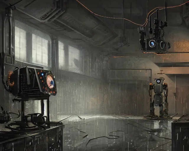 Image similar to gloomy ruined server room in datacenter robot automata rusty steel robot knight colossus welder pacing fixing soldering mono sharp focus, emitting diodes, smoke, artillery, sparks, racks, system unit, motherboard, by pascal blanche rutkowski repin artstation hyperrealism painting concept art of detailed character design matte painting, 4 k resolution blade runner