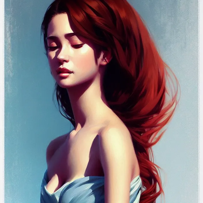 Image similar to a portrait of a beautiful! angel in low cut dress!!. realistic shaded lighting poster by ilya kuvshinov katsuhiro, magali villeneuve, artgerm, jeremy lipkin and michael garmash, rob rey and kentaro miura style, trending on art station