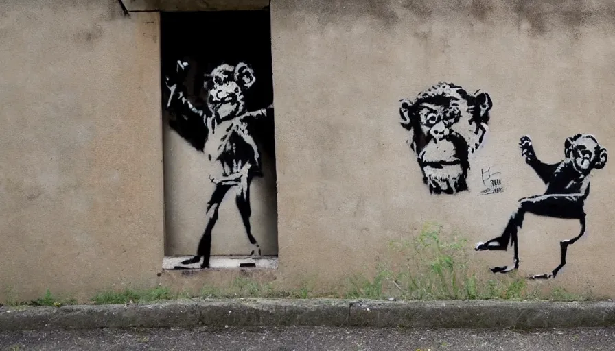 Image similar to Graffiti by Banksy of a monkey in a suit