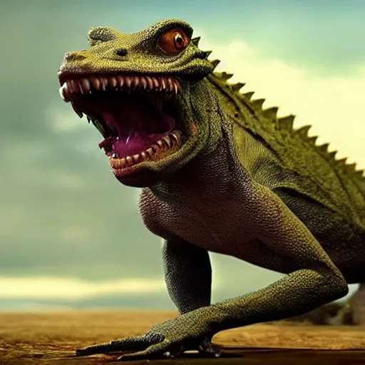 Image similar to a hybrid dog and lizard creature art direction by James Cameron ; cinematic quality character render; low angle; ultra high quality model; production quality cinema model;