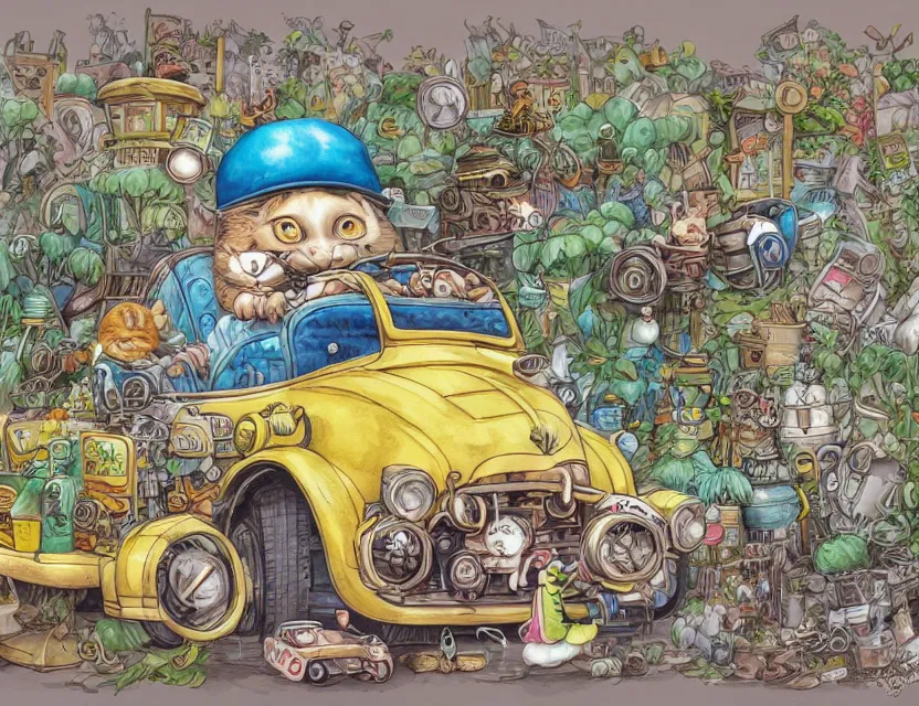 Prompt: cute and funny, a garden gnome driving a steampunk bus, a cat on the roof holding on, ratfink style by ed roth, centered award winning watercolor pen illustration, isometric illustration by chihiro iwasaki, edited by range murata, tiny details by artgerm and watercolor girl, sharply focused