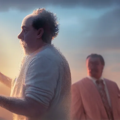 Prompt: a film still of a man being baptized by tim burton, golden hour, cinematic lighting, cool, spiritual, detailed, 8 k concept art