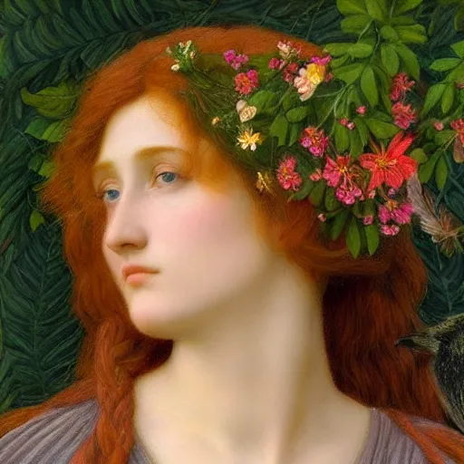Prompt: Beautiful Pre-Raphaelite goddess of nature with a little bird sitting on top of her head, in the style of John William Godward, close-up portrait, head in focus, flowers and plants, etheric, moody, intricate, mystical,