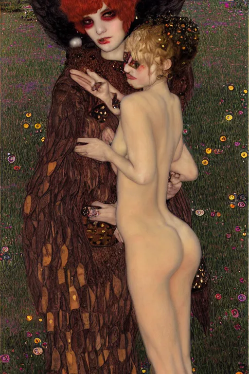 Image similar to two beautiful young succubuses, dark fantasy, kiss, highly detailed, artstation, illustration, art by Gustav Klimt
