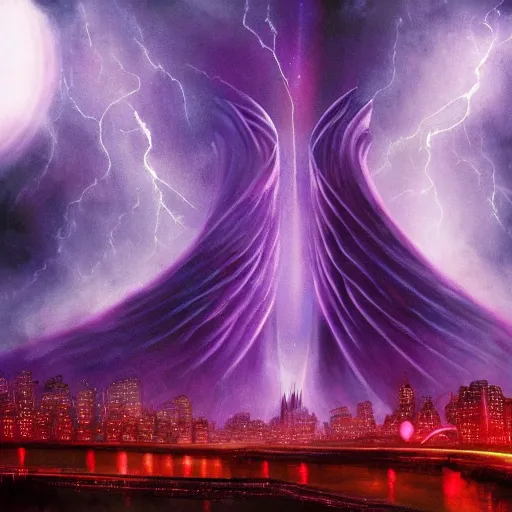 Prompt: red-hooded magicians casting purple colored spells at 911 WTC Twin Towers, white glowing souls flying out of the towers into cosmic black hole sky, beautiful hyper realistic in the style of The Lord of the Rings
