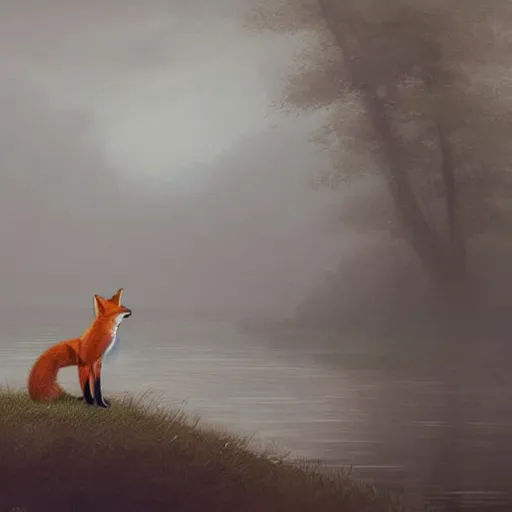 Image similar to a fox swimming in a river the background is a huge lake the fox is scared and swimming for his life the weather is raining and foggy by greg rutkowski