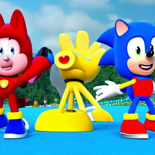 Image similar to sonic, peppa pig and the paw patrol crossover episode, cartoon network stillframe, good looking, hd, 4 k, hdr, smooth, sharp focus, high resolution, award - winning