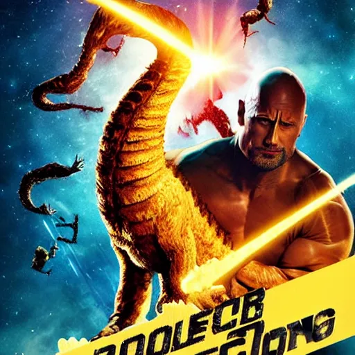 Prompt: movie poster of dwayne johnson with a baseball bat fighting king ghidorah outside a space station