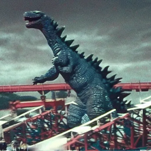 Prompt: Godzilla riding a roller coaster