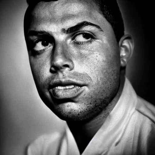 Prompt: portrait of ronaldo luis nazario de lima by yousuf karsh, holy halo, neon ambient lighting, high detail