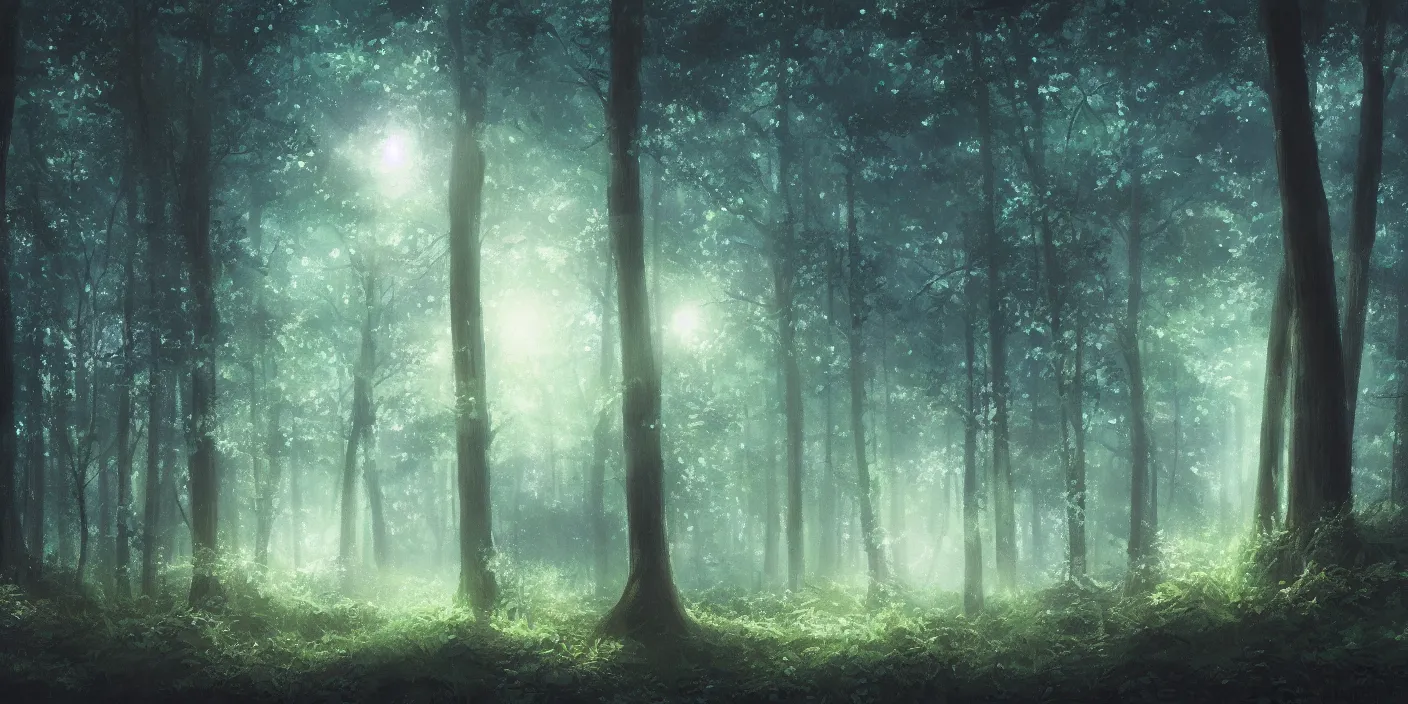 Image similar to a forest at night, cinematic angle, studio Ghibli, cinematic lighting, digital art, detailed oil painting, hyperrealistic, 8k