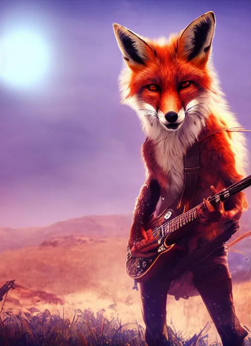 Image similar to An epic fantasy comic book style portrait painting of a fox plays a guitar on concert background, unreal 5, DAZ, hyperrealistic, octane render, cosplay, RPG portrait, dynamic lighting