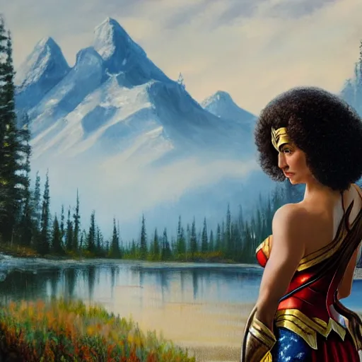 Image similar to a closeup photorealistic photograph of bob ross working on a canvas painting of wonder woman. film still. brightly lit scene. mountains and trees. this 4 k hd image is trending on artstation, featured on behance, well - rendered, extra crisp, features intricate detail, epic composition and the style of unreal engine.