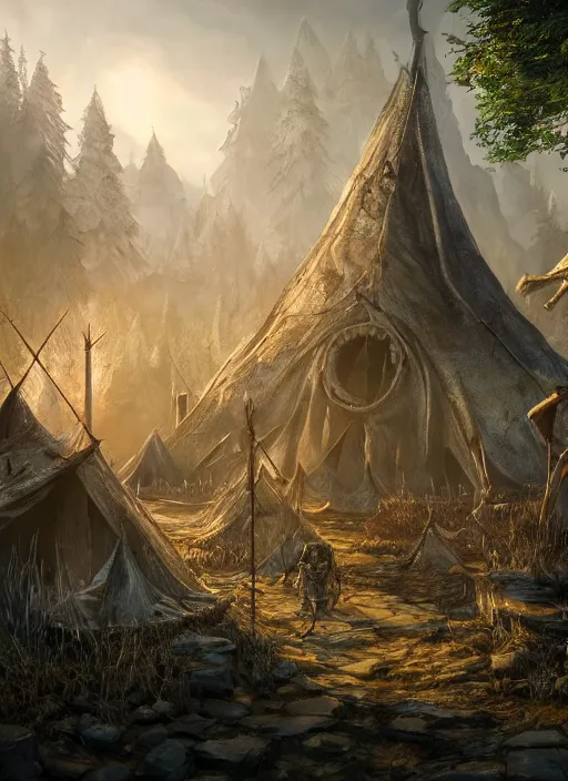 Prompt: bandit camp, ultra detailed fantasy, elden ring, realistic, dnd, rpg, lotr game design fanart by concept art, behance hd, artstation, deviantart, global illumination radiating a glowing aura global illumination ray tracing hdr render in unreal engine 5