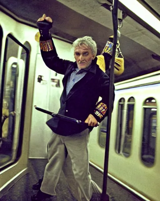 Image similar to movie villain, actor david patrick kelly practicing with his brightly glowing nunchucks while riding a subway train, movie dreamscape