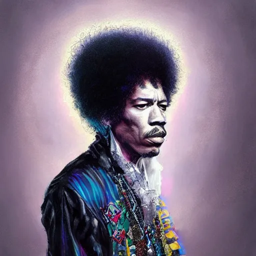 Prompt: a portrait of jimi hendrix as a wizard, urban motifs, intricate, elegant, highly detailed, digital painting, trending on artstation, concept art, smooth sharp focus, illustration, art by artgerm and greg rutkowski