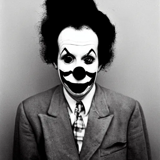 Prompt: portrait of a clown by Diane Arbus, 88mm, black and white