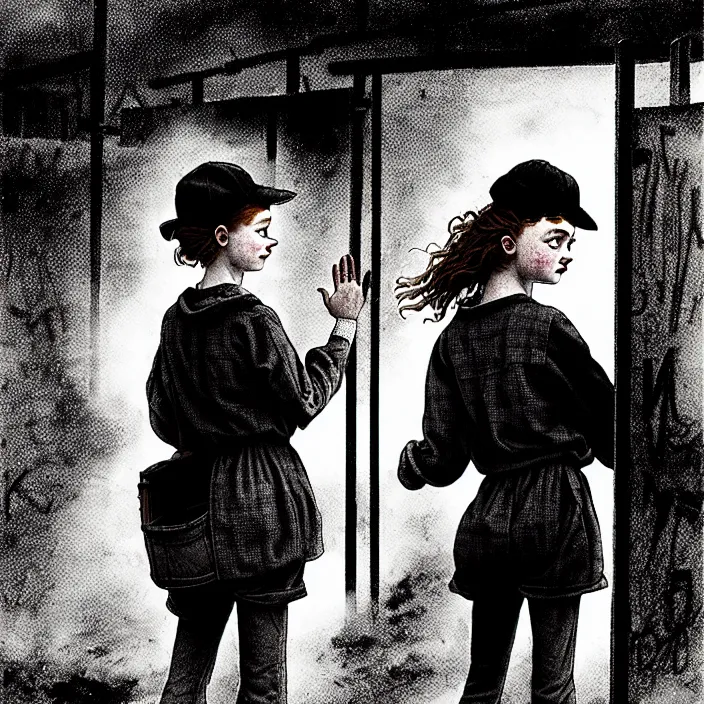 Image similar to sadie sink in dirty workmen clothes waves goodbye to workmen. near a gate. background : factory, dirty, polluted. technique : black and white pencil and ink. by gabriel hardman, joe alves, chris bonura. cinematic atmosphere, detailed and intricate, perfect anatomy