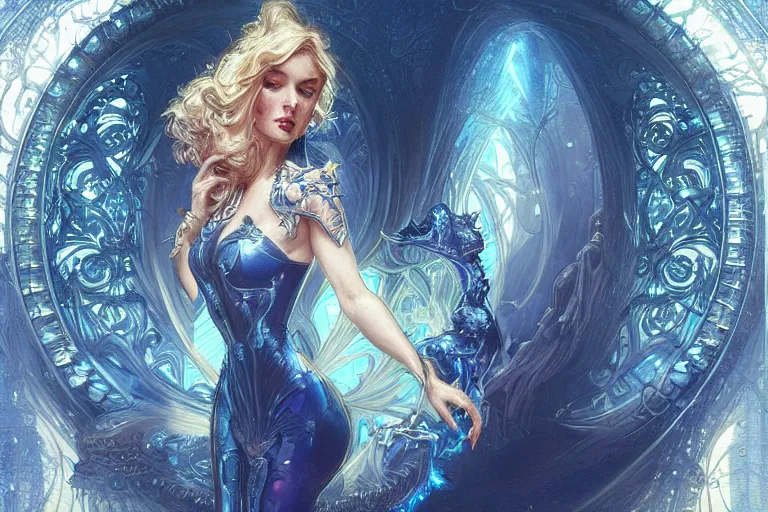 Image similar to a pretty woman with glowing blue eyes made of liquid metal surrounded by an environment designed by Joe Fenton, fog, volumetric lighting, intricate, elegant, highly detailed, digital painting, artstation, concept art, smooth, sharp focus, art nouveau, art by artgerm and raymond swanland and alphonse mucha