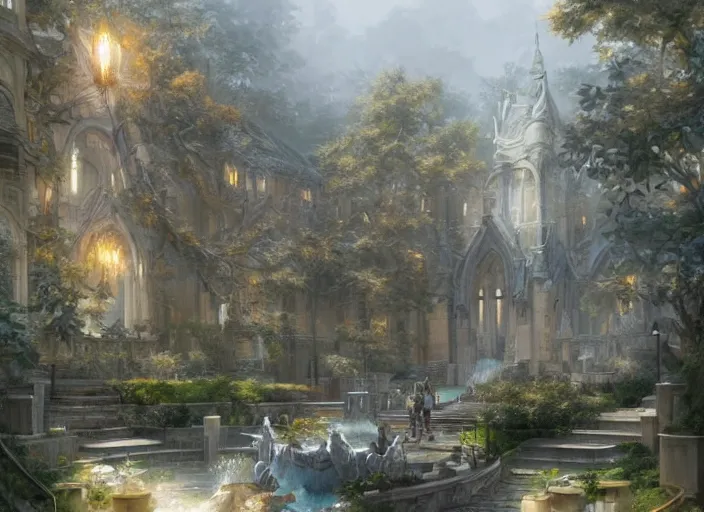 Prompt: A college in a beautiful elven city made of white marble, anime, lush trees, fountain, a fantasy digital painting by Greg Rutkowski and James Gurney, trending on Artstation, highly detailed