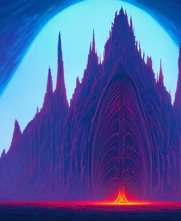 Image similar to simplicity, a cathedral made out of elegant biological forms, in the style of a spaceship, hell, fire, brimstone, lava, by dan mumford, yusuke murata, makoto shinkai, ross tran, cinematic, unreal engine, cel shaded, featured on artstation, pixiv