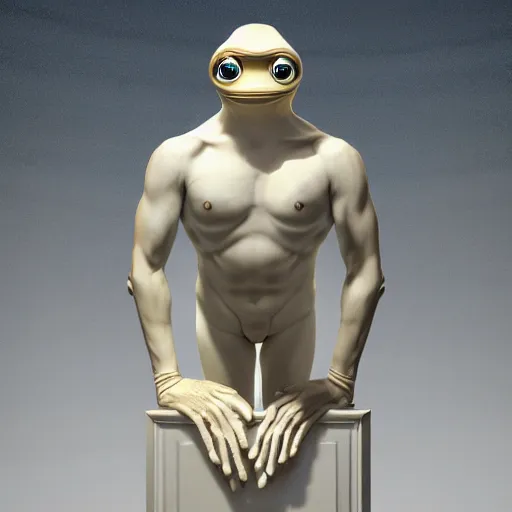 Image similar to a statue made of white marble with gold veins, of pepe the frog as general patton, full body shot, perfect symmetrical body, perfect symmetrical face, hyper realistic, hyper detailed, by johannen voss, by peter kemp, by monia merlo, by michelangelo, octane render, blender, 8 k