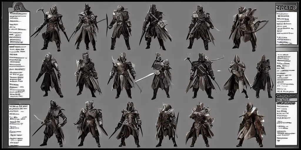 Image similar to RPG game character sheet for a character that looks like a knight, wearing armor, HDR, 4k, 8k, extremely detailed, final fantasy style, includes different angles of the character to use when they turn in the game