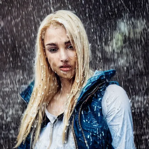 Image similar to a beautiful blonde woman sitting in the rain, wet vest, realistic, 8k resolution, hyperdetailed, highly detailed, real life, studio lighting, high quality