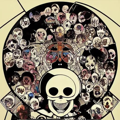 Image similar to anime manga astronaut skull portrait profile skeleton by Alphonse Mucha and Takashi Murakami Joshua Davis generative pop art nouveau