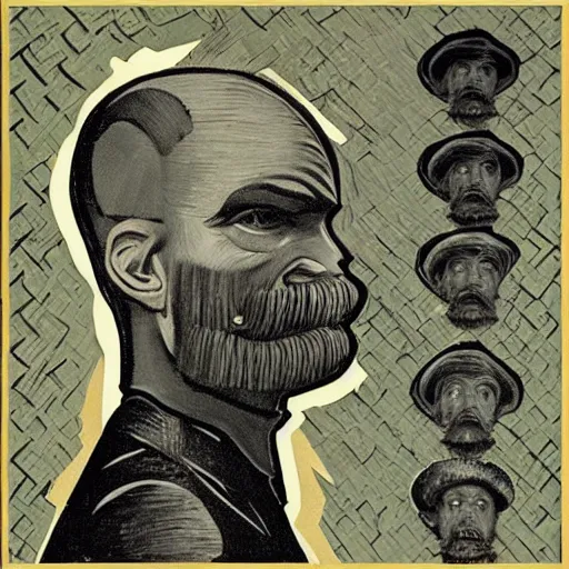 Image similar to portrait of ned kelly, mash - up between mc escher and vincent van gogh