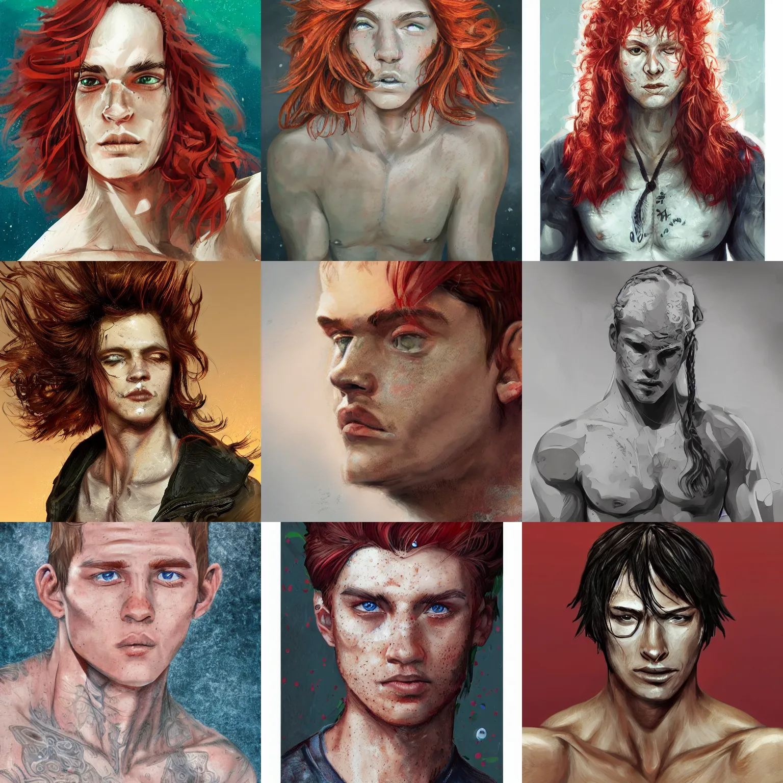 Image similar to portrait of a teen boy with long red hair and a lot of freckles and muscular, intricate, highly detailed, digital painting, artstation, sharp focus, illustration