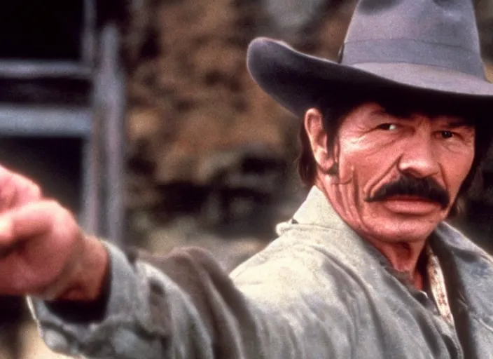 Image similar to film still of Charles Bronson pointing a pistol in the new City Slickers movie, 4k