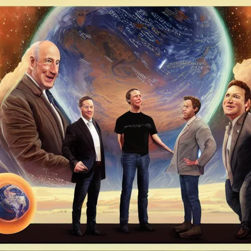 Prompt: portrait of elon musk, mark zuckerberg and jeff bezos together, looking at planet earth, very detailled, art contest winner on behance, trendy on deviantart, donato giancola, joseph christian leyendecker, les edwards, ed repka, wlop