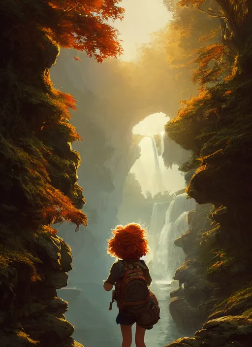 Image similar to detailed intricate digital illustration by greg rutkowski and artgerm and wlop and sanford robinson gifford ; young red - haired explorer girl with a backpack, ancient forest, shimmering waterfall in background ; 1 3 mm film, arri alfa anamorphic lens ; sharp focus, golden hour lighting, trending on artstation 4 k