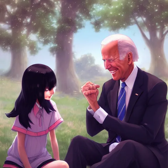 Prompt: photorealistic Joe Biden meets a beautiful smiling anime girl with black hair and hime cut sitting under a tree, Stanley Artgerm Lau, WLOP, Rossdraws, Ilya Kuvshinov, artstation