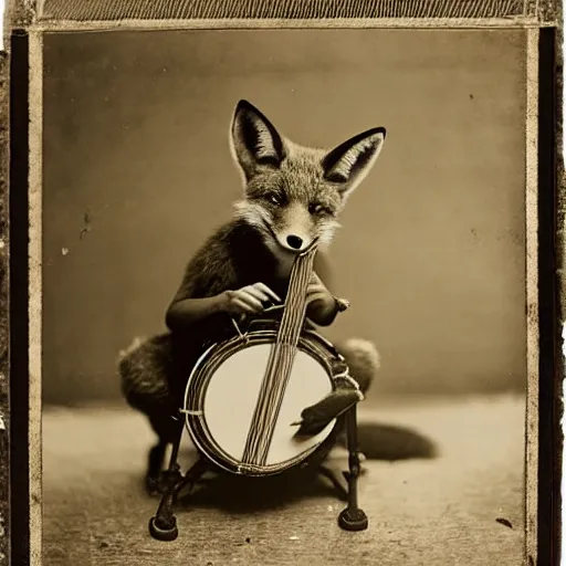 Image similar to A sepia-toned wet plate photograph, of a fox playing banjo, circa 1912, fox playing a banjo