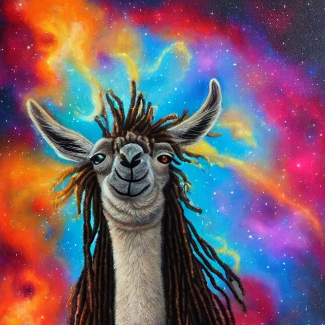 Prompt: llama with dreadlocks, depicted as an explosion of a nebula, 4 k, hyperrealistic painting