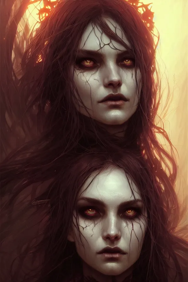 Image similar to Necromancer Sorceress face close-up macro in center, fantasy magic, undercut hairstyle, dark light night, intricate, elegant, sharp focus, illustration, highly detailed, digital painting, concept art, matte, art by WLOP and Artgerm and Greg Rutkowski and Alphonse Mucha, masterpiece