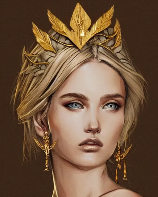 Image similar to tattoo design sketch of cute beautiful blonde super model as aphrodite greek goddess wearing a gold laurel wreath and triangle earrings, beautiful piercing gaze with sharp pupils, in the style of greg rutkowski, fantasy, amazing detail, epic, elegant, smooth, sharp focus, front view