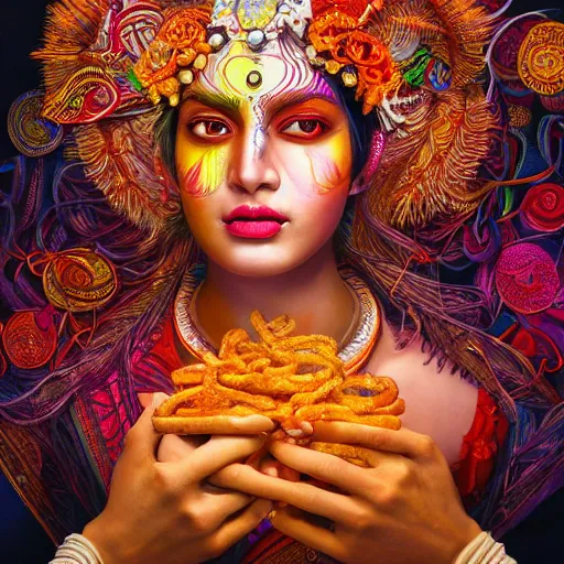 Image similar to the face of a ridiculously beautiful and sophisticated indian woman partially made of onion rings of all colors looking down, an ultrafine detailed illustration by james jean, final fantasy, intricate linework, bright colors, behance contest winner, vanitas, angular, altermodern, unreal engine 5 highly rendered, global illumination, radiant light, detailed and intricate environment