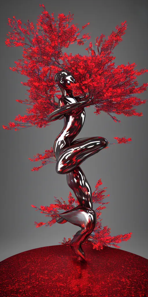 Image similar to 3 d photographic render of an ancient sculpture with red sakura flowers made of chrome, chrometype, made of liquid metal, neotribal with metallic thorns and thunders, raytracing, hyper realistic, volumetric lightning, 8 k, by zhelong xu and ouchh studio