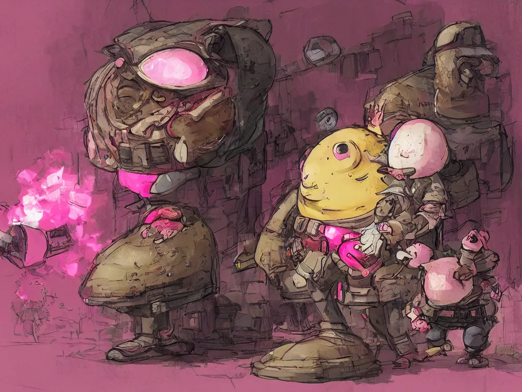 Image similar to Humpty Dumpty as a chicken egg, fighting with a pink rubber monkey in a cyberpunk, post apocalyptic Tokyo, D&D, fantasy, highly detailed, digital painting, artstation, concept art, smooth, sharp focus, illustration, art by Bill Sienkiewicz