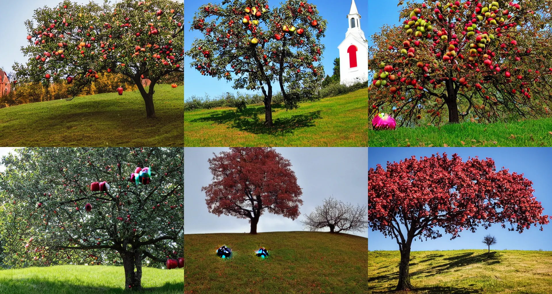 Prompt: tree with apples on hill in front of white church